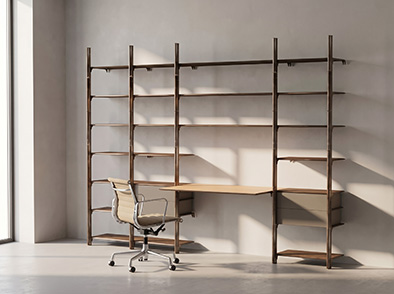 Vita Onesta — a timber shelving system standing free as a room divider.